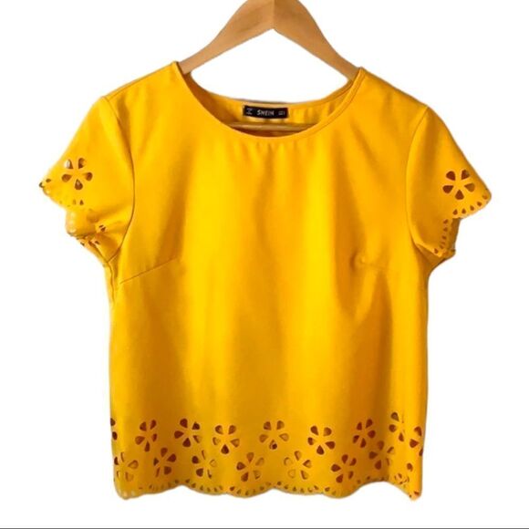 SHEIN mustard yellow cut out detailing short sleeve blouse - Picture 1 of 8